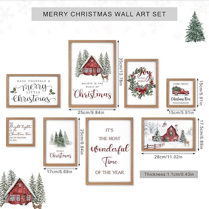 Faccito 8 Set Snowy Barn Christian Wall Art Framed, Wooden Decor | Religious Quotes Decor for Bedroom Office, Inspirational Scripture Wooden Art, Modern Framed Set for Home Classroom Work