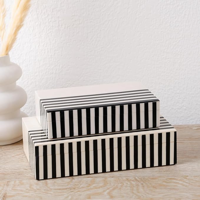 Handicrafts Home Large Decorative Storage Box with Lid – Black White Modern Storage Box, Remote Control Organizer for Coffee Table, Console & Living Room Decor – Mono Lead 12 x 6 x 2