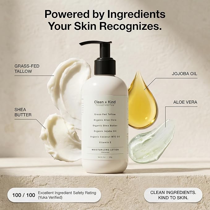 Daily Moisturizing Lotion – Tallow Body Lotion with Aloe Vera, Shea Butter, Jojoba Oil, MCT Oil & Vitamin E – Deep Hydration for Dry, Rough, Sensitive Skin (8 Fl Oz, Unscented)
