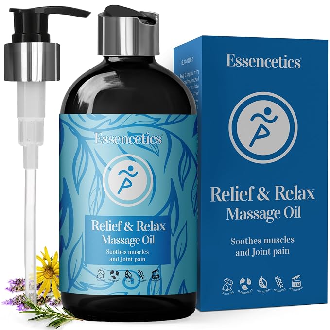 8 oz - Relief & Relax Sore Muscle Massage Oil with 100% Pure Arnica, Lavender & Rosemary Oils - Soothes Muscles & Joint with Relaxing Massage Oil for Massage Therapy
