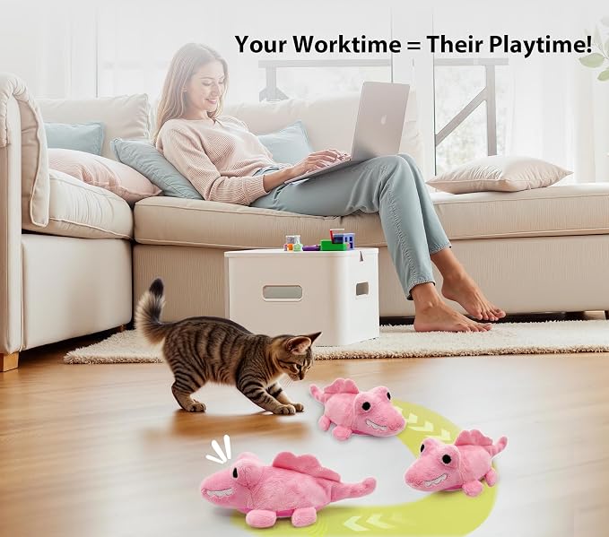 Interactive Cat Toys for Indoor Cats – Auto Moving Alligator with 360° Random Movement & Tail Wagging, Rechargeable Cat Exercise Toy with Catnip, Self-Play Fun for Bored Adult Cats-Pink