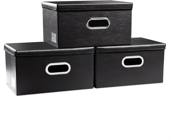 Collapsible Storage Box with Lid [3-Pack] Leather Fabric Foldable Storage Bin Organizer Container Basket Cube with Cover for Home Bedroom Closet Office Nursery Black(13.6x9.6x6.9)