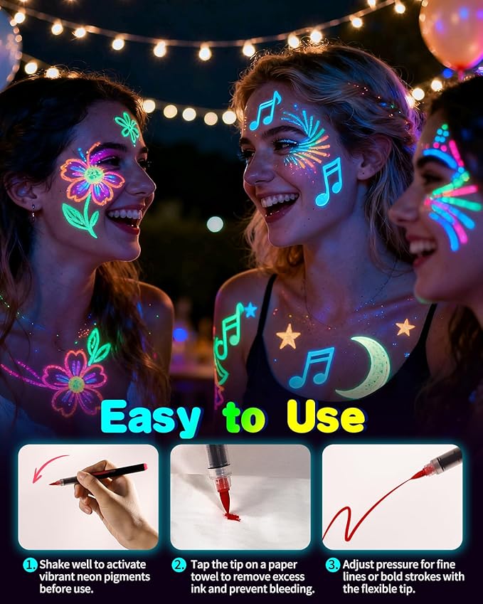 Oiomniv Glow in The Dark Face Paint Markers, 10 Colors UV Neon Body Paint Pens, Waterproof & Skin-Safe Blacklight Tattoo Markers, Washable Temporary Tattoo Pens for Christmas, Festivals & Parties