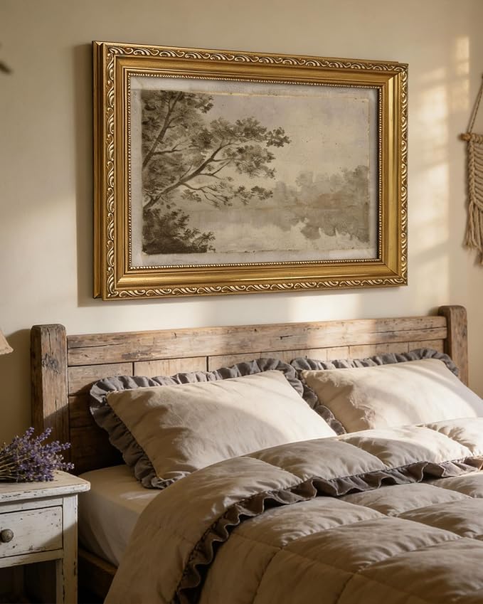 Vintage Gold Framed Wall Art Sepia Toned Tree 12x16in | Landscape Wall Decor, Sketch, Antique, Nature Inspired, Canvas Prints for Rustic Living Bedroom