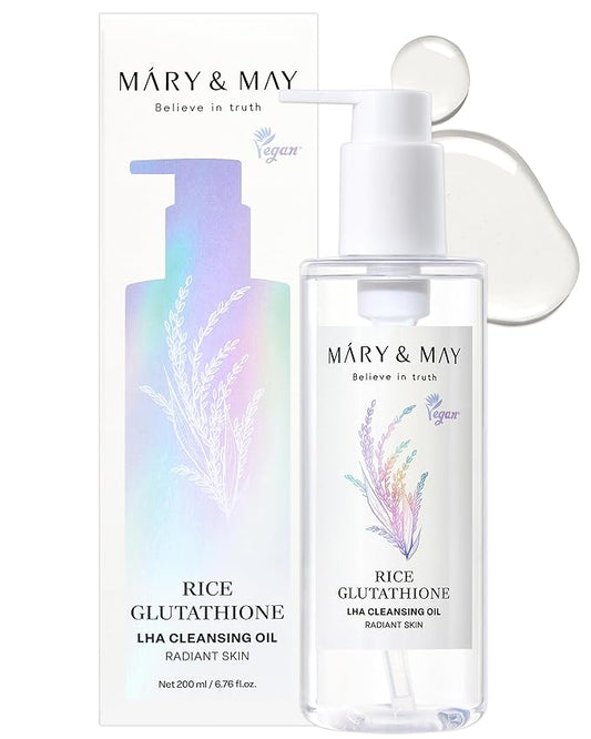 Mary&May Rice + Glutathione LHA Cleansing Oil | Daily Makeup Remover | Removes Impurities, Sebum & Clogged Pores | Double Cleanse | Gentle Exfoliation for Sensitive Skin | Korean Skincare | 6.76 fl oz