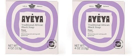 AYÉYA African Black Soap Bar – Peace – Lavender – Calming Raw African Black Soap for Face & Body – Natural Bar for Acne, Dark Spots & Sensitive Skin (Pack of 2)