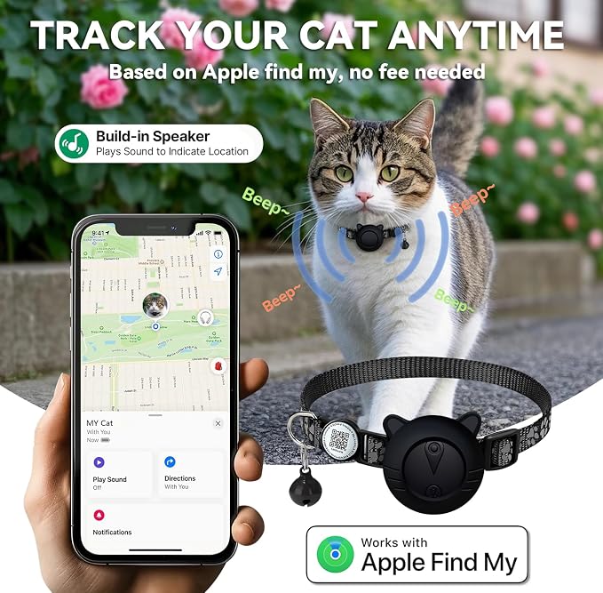 Smart GPS Cat Tracker Collar with QR Code - Waterproof Pet Locator for Small to Large Cats - Compatible with Apple Find My - No Monthly Fees - Advanced Tracking Solution