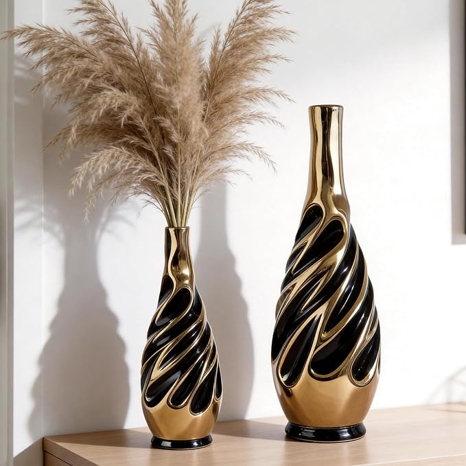 Yundu Gold with Black Vase Set of 2 | Pampas Grass Vase, Ceramic, Boho & Modern Centerpieces, Living Room Decor
