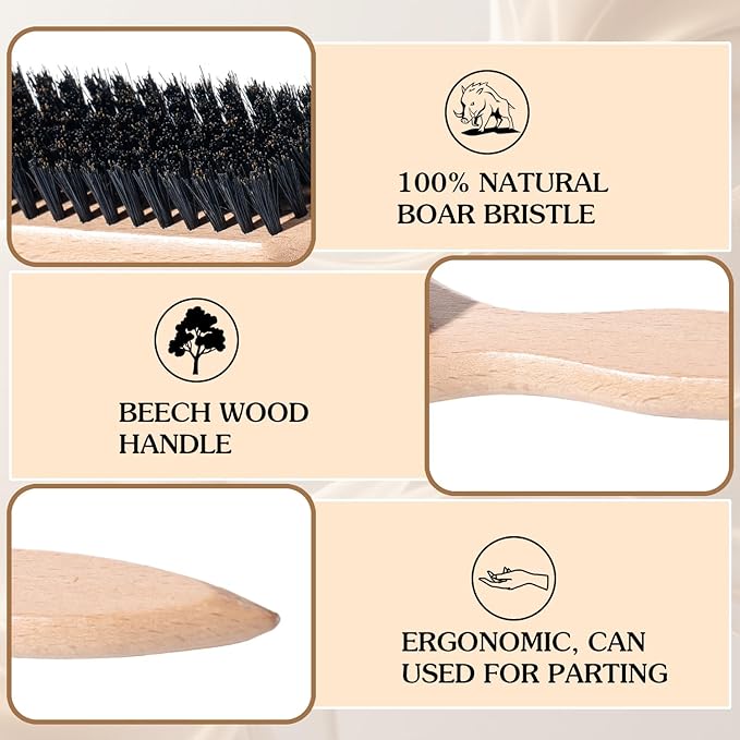 BlueForest Era Boar Bristle Slick Back Hair Brush Set, Wooden Styling Edge Control Brush for Sleek Ponytails Buns Updos, Teasing Hair Brush and Stainless Steel Tail Comb Suitable for All Styling