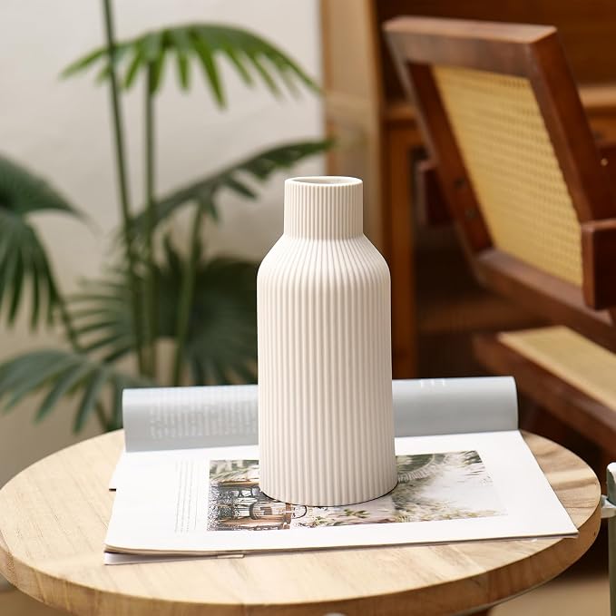 Bohemian White Ceramic Vase - for Pampas Grass, Mantel, Bookshelf, Entryway and Living Room Decor (White, 7in)