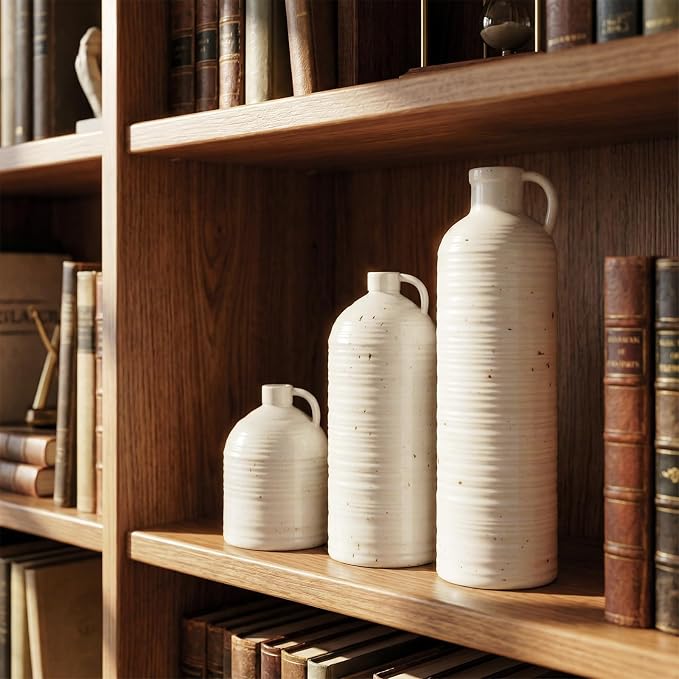 Firehold Ceramic Vase Set of 3 w/Handles, Rustic Farmhouse White Decor Vase | Textured Country Home Decor Vases for Shelf, Mantel, Table Centerpiece, Perfect for Pampas Grass & Dried Flowers