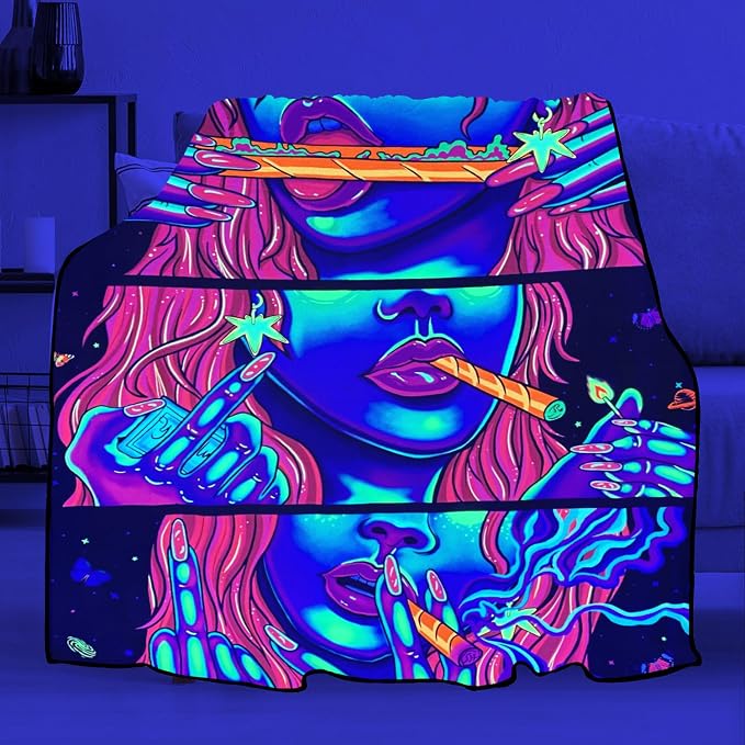 Blacklight Soft Trippy Throw Blanket - 51x59 Inch, Hippie Room Decor Marijuana Cannabis Weed Accessories