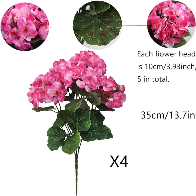 CISDUEO 4 Pcs Artificial Geraniums for Outdoors Silk Flowers Outside Pink | Faux Flowers Geraniums for Outdoor Planter Floral Home Decor Indoor Garden Patio Grave Cemetary Vase Table Centerpiece