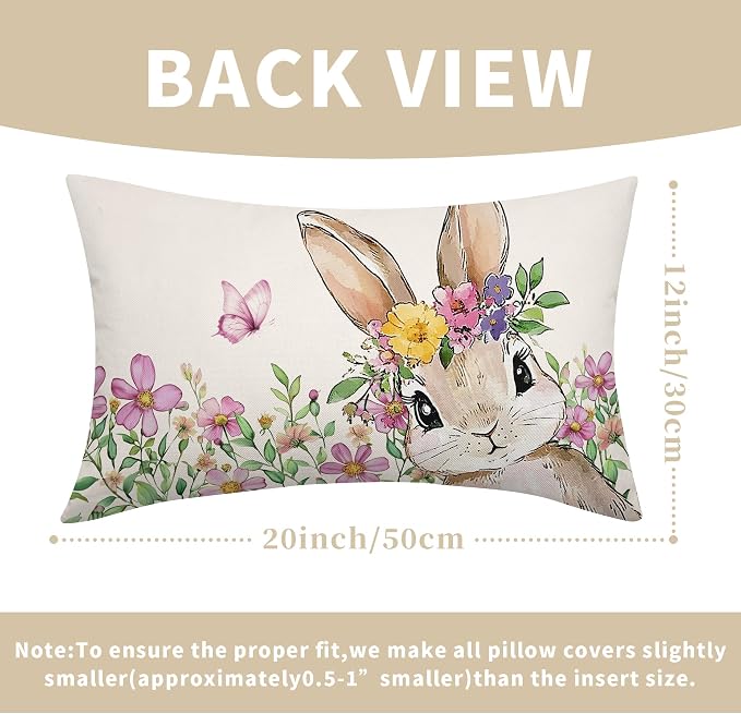 Spring Easter Bunny Lumbar Pillow Covers 12x20 Inch Set of 2 Pink Floral Leaf Rabbit Decorative Pillow Cases Outdoor Linen Square Cushion Cover Farmhouse Decor for Bedroom Home Sofa Couch Bed