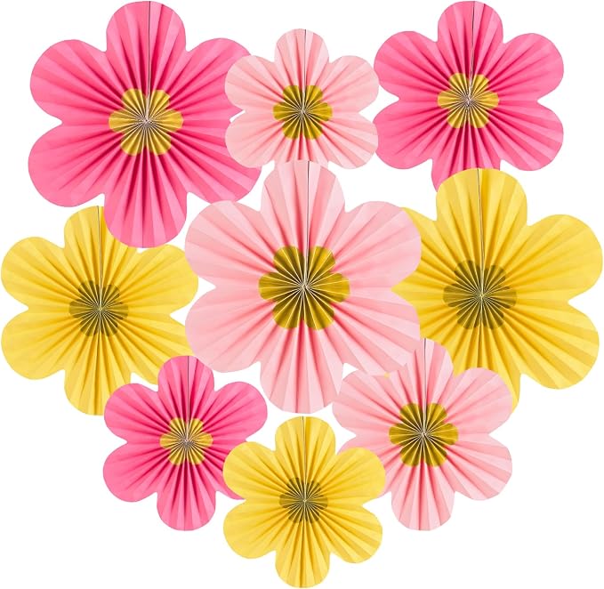 SUNBEAUTY Paper Flowers Decorations for Wall Gold Flower Party Decorations Hanging Fans Floral Backdrop Decor Mothers Day Birthday Wedding Baby Shower Decoration Wall Set of 9