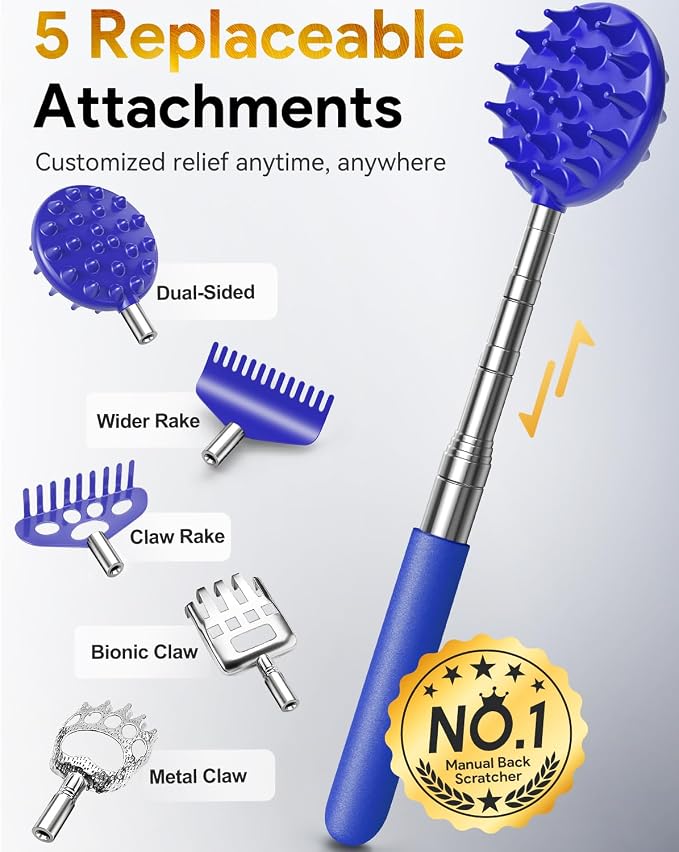 TUKUOS Telescoping Back Scratcher with 5 Detachable Scratching Heads, Valentines Day Gifts for Him Men, Anniversary Birthday Gifts for Men Women Back Scratcher for Men/Dad/Women/Adults - Blue