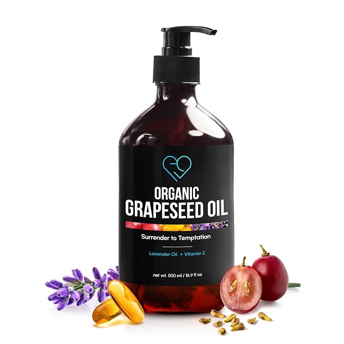 Organic Grapeseed Massage Oil with Lavender & Vitamin E – Lightweight, Non-Greasy Body & Skin Oil for Massage, Aromatherapy & Moisturizing – 16.9 fl oz (500 ml)