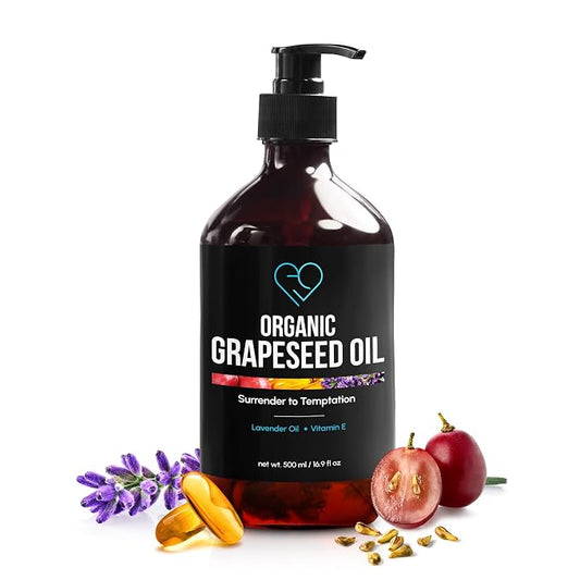 Organic Grapeseed Massage Oil with Lavender & Vitamin E – Lightweight, Non-Greasy Body & Skin Oil for Massage, Aromatherapy & Moisturizing – 16.9 fl oz (500 ml)