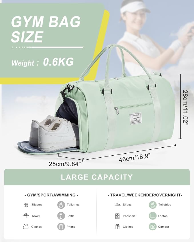 Gym Bag Womens Mens with Shoes Compartment and Wet Pocket Travel Duffel Bag for Women for Plane Sport Gym Tote Bags Swimming Yoga Small Waterproof Weekend Overnight Carry on Bag Hospital Holdalls