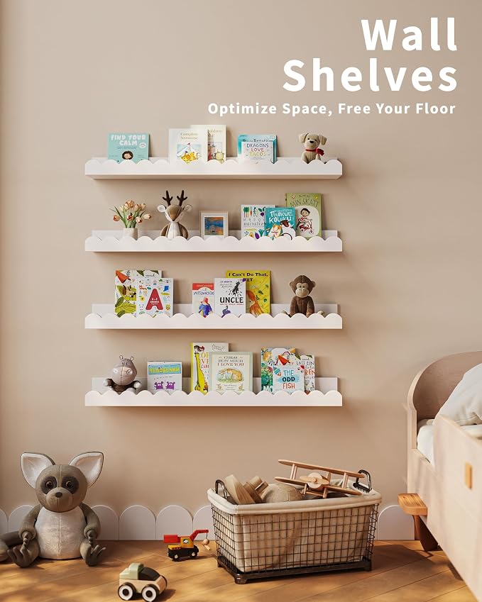 Shario Nursery Book Shelves, 4-Pack White Floating Shelves for Wall Kids, Scalloped Shelves, Wall Book Shelves for Bedroom Kids, Toddler Room, Baby Room, Nursery Decor