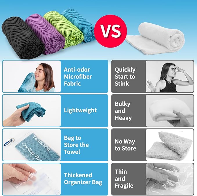 YESLIFE 4 Pack Cooling Towels (40"x12"), Gym Sweat Towels, Cooling Neck Wraps, Soft Breathable Microfiber Towels for Yoga, Running, Sport, Workout, Camping & More (Multicolor)