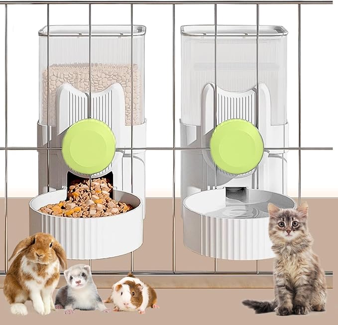 kathson Rabbit Feeder for Cage,Bunny Water Bottle,Pet Food Dispenser,Green | Gravity Automatic Guinea Pig Feeder Waterer Set,Hanging Small Pet Food Bowl Feeding Station for Ferret Chinchilla Cat Puppy