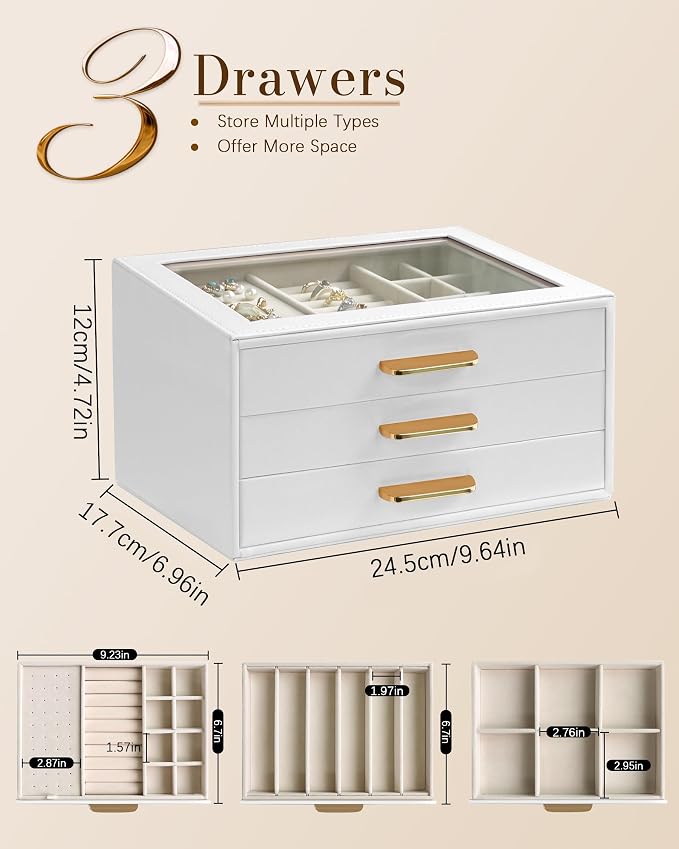 Homeanda Jewelry Boxes Organizer with Glass Lid, 3-Layer PU Leather, White | Modern style display case with 3 drawers for daily jewelry, women, mom or girl gift