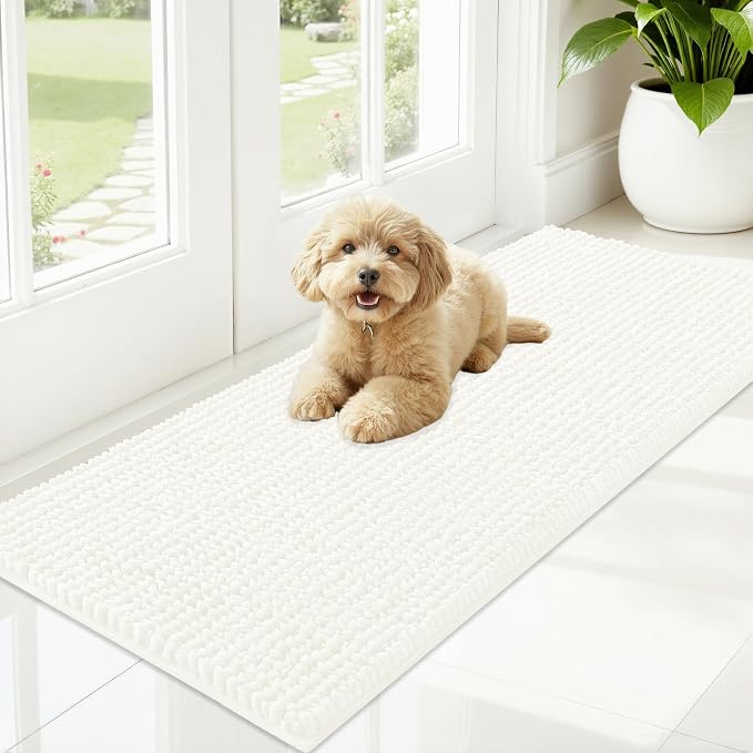OLANLY Dog Door Mat for Muddy Paws 47x20, Extra Absorbent Chenille Mud Mat | Ivory, Absorbs Moisture and Dirt, Non-Slip Machine Washable Doormat, Quick-Drying Indoor Entryway Floor Mat for Dogs