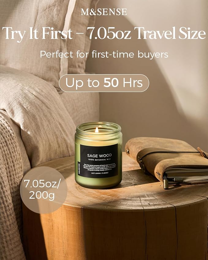 M&SENSE Sage Wood Scented Candles for Home, 7.05oz 50 Hours Clean Non Toxic All Natural Soy Wax, Fresh Smelling Candle for Relaxing & Stress Relief, Home Fragrance Gifts for Men Women