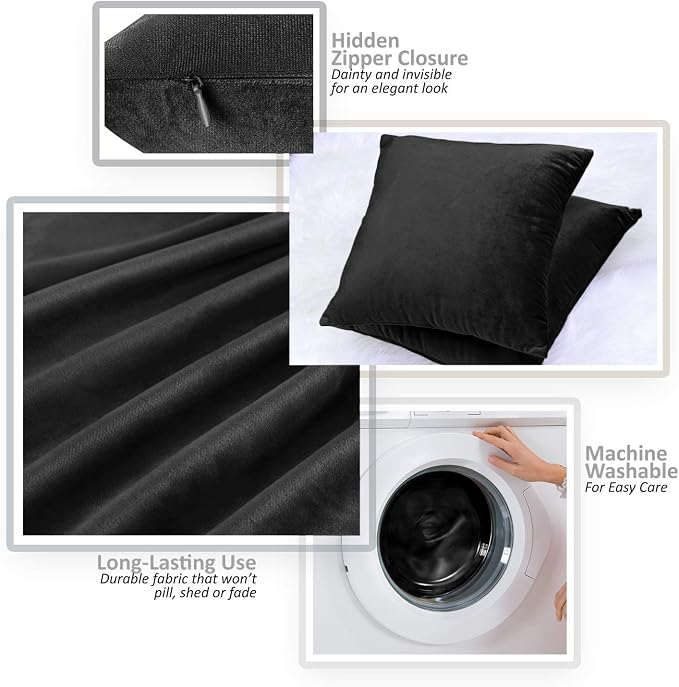 Nestl Throw Pillow Inserts Pack of 2 with Velvet Soft Solid Decorative Square Throw Pillow Covers Set for Sofa Couch Car Bedroom, 18X18 Throw Pillows Inserts with 16x16 Washable Cushion Covers, Black