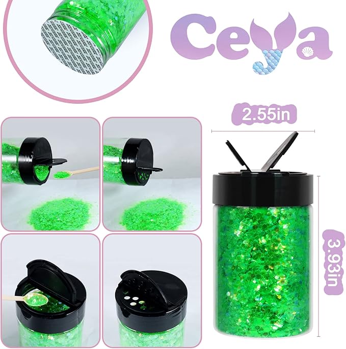 Ceya Chunky Glitter, 4.9oz/ 140g Iridescent Green Craft Glitter Powder Mixed Fine Flakes Iridescent Nail Sequins for Nail Art, Hair, Epoxy Resin, Tumblers, Slime, Painting, Festival Decor