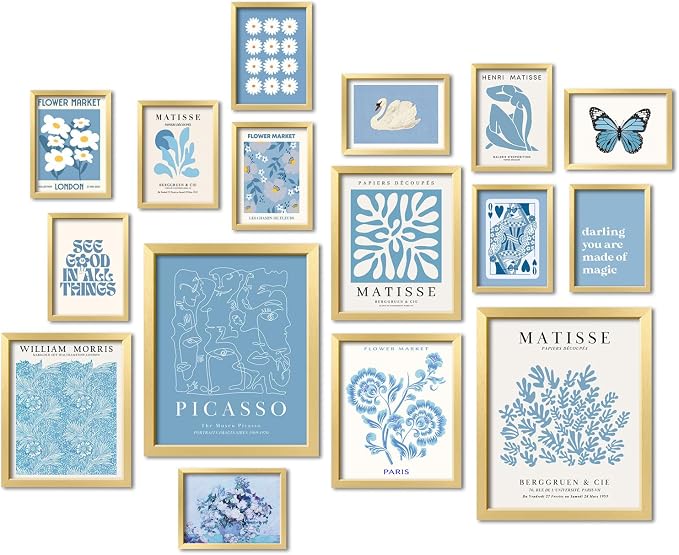 16 PCS Framed Blue Wall Art Decor, Matisse Wall Prints for Bedroom, Gallery Wall Frame Set, Minimalist Posters for Living Room Aesthetic, Collage Kit, Teen Girls Dorm Home Artwork