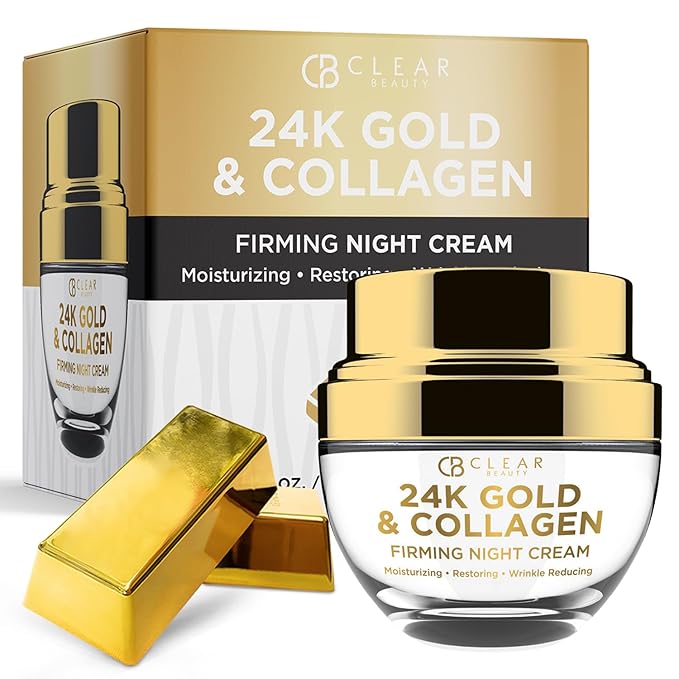 Clear Beauty 24K Gold & Collagen Night Face Moisturizer - Dermatologist Tested, Reduces Age Spots, Fine Lines & Wrinkles, Lifting & Firming Night Cream, Cruelty-Free Korean Skin Care - All Skin Types