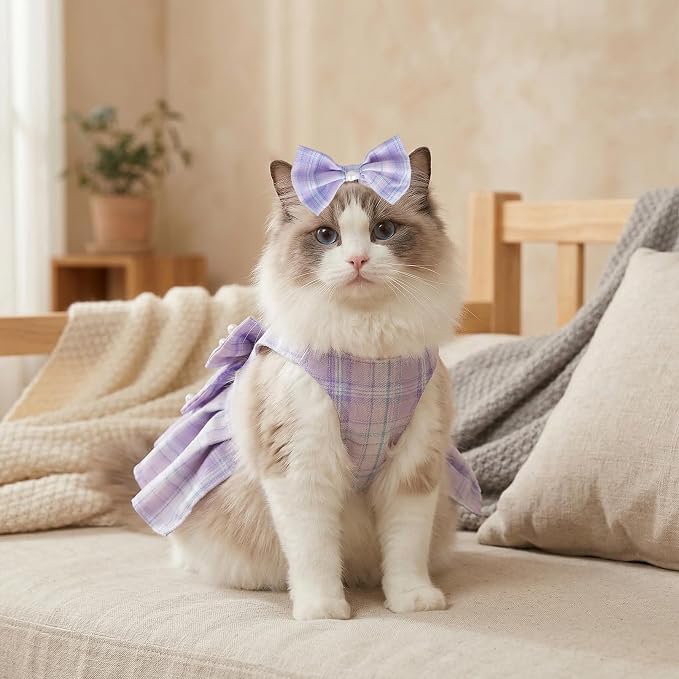 Cute Plaid Dog Dress Clothes for Small Dogs Cats Girl Purple Plaid Dog Dress with Pearls Bow Tie Harness Leash for Spring Summer Birthday Puppy Bunny Rabbit Yorkies Chihuahua Outfits