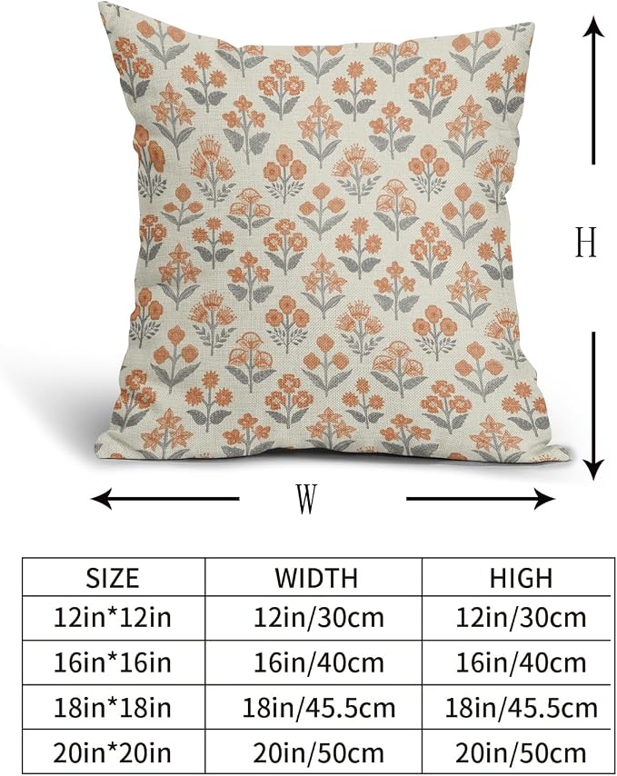Orange Grey Gray Floral Block Print Pillow Covers 20x20 Inch Set of 2, Vintage Flower Pattern Decorative Throw Pillowcases Outdoor Farmhouse Cushion Covers Spring Summer Rustic Sofa Couch Bed Decor
