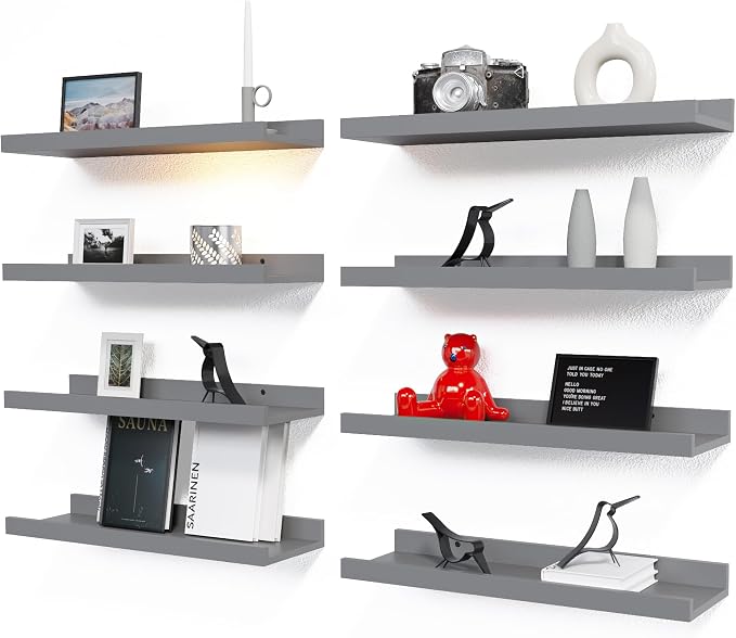 RICHER HOUSE 8 Set Floating Wall Mounted Shelves, Nursery Hanging Book Shelves with Lip for Storage, Gray Display Picture Ledge Shelf for Bedroom Bathroom Kitchen Living Room Wall Decor, Modern Grey | Display Picture Ledge Shelf, Anti-drop lip Shelf fo...