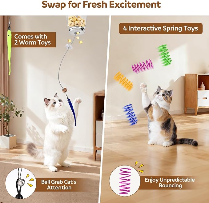 2-in-1 Hanging Cat Toy for Indoor Cats, Interactive Door Hanging Teaser & Treat Dispenser, Self Play Kitten Toy with Feather, Springs & Rope, Boredom Relief for Home Alone Cats