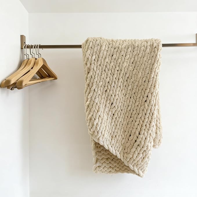 Soft Chunky Knit Throw Blanket for Couch, Cozy Warm Knitted Blankets | Hand Knit with Jumbo Chenille, Lightweight Warm Fluffy Decor for Women, Mom, Her & Girls, Sofa, Chair, Bed, 48"×71" (Beige)