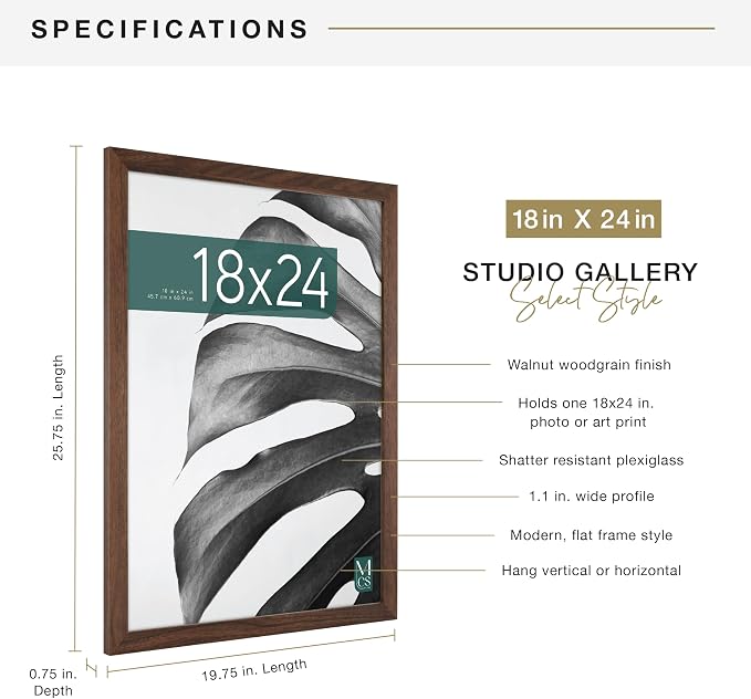 MCS Studio Gallery 18x24 Poster Frame Walnut Woodgrain Engineered Wood, Vertical & Horizontal Wall Hanging Large Picture Frame for Photos, Posters & Art Prints (1-Pack)