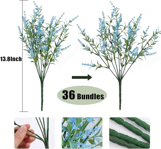 RECUTMS Spring Decoration,Artificial Blue Greenery,Outdoor Fake Flower 36Pc | Fake Shubs stems Outdoor Plants Faux Greenery for Indoor Outside Hanging Plants Garden Porch Window Box Home Farmhouse Décor