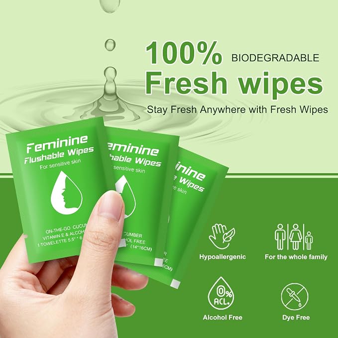 twoworld 100 Feminine Wipes Flushable Travel Individually Wrapped | Travel Wipes for Women,Feminine Care Wet Wipes Travel Size Vaginal Wipes for Adult,Girl and Homeless(Cucumber)