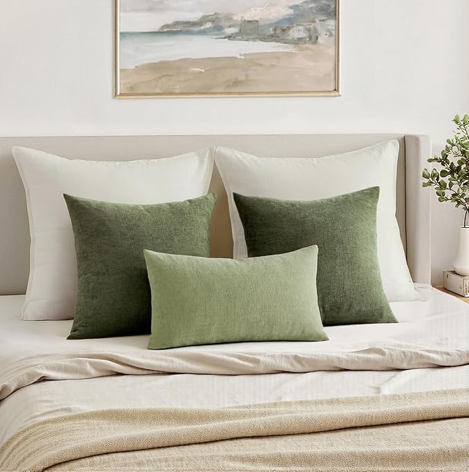 MIULEE Sage Green Chenille Couch Lumbar Throw Pillow Covers, 12x20 | Set of 2, Soft Modern Farmhouse Style, Decorative Pillowcases for Sofa Living Room Bed, Home Decor