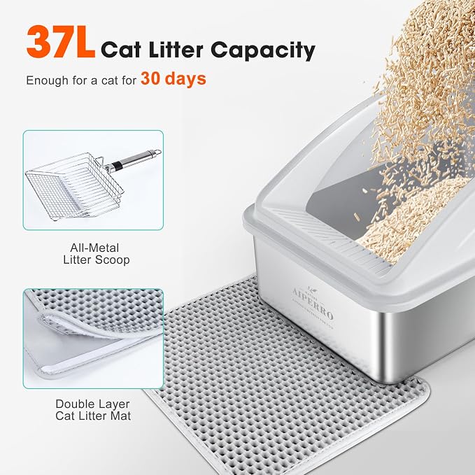 AIPERRO Stainless Steel Litter Box | XL Enclosed Cat Litter Boxes with Lid | High Sided Meat Litter Box for Big Cats | Anti-Urine Leakage | Non-Stick & Easy to Clean | Includes Litter Mat & Metal Scoop