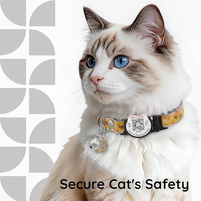 Breakaway Cat Collar QR Code, Reflective Bell, Adjustable Kitten, Bees