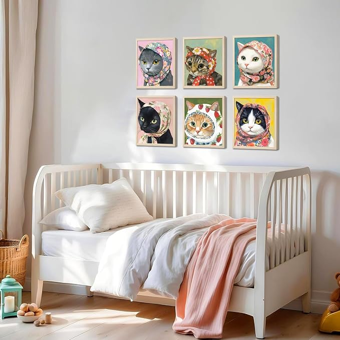 Funny Cat Poster Set of 6, Whimsical Babushka Cats Wall Art Eclectic Lover Cat Pictures Decor, Quirky Animal Pictures Canvas Painting Prints Aesthetic for Bedroom Living Room 12x16 inch Unframed