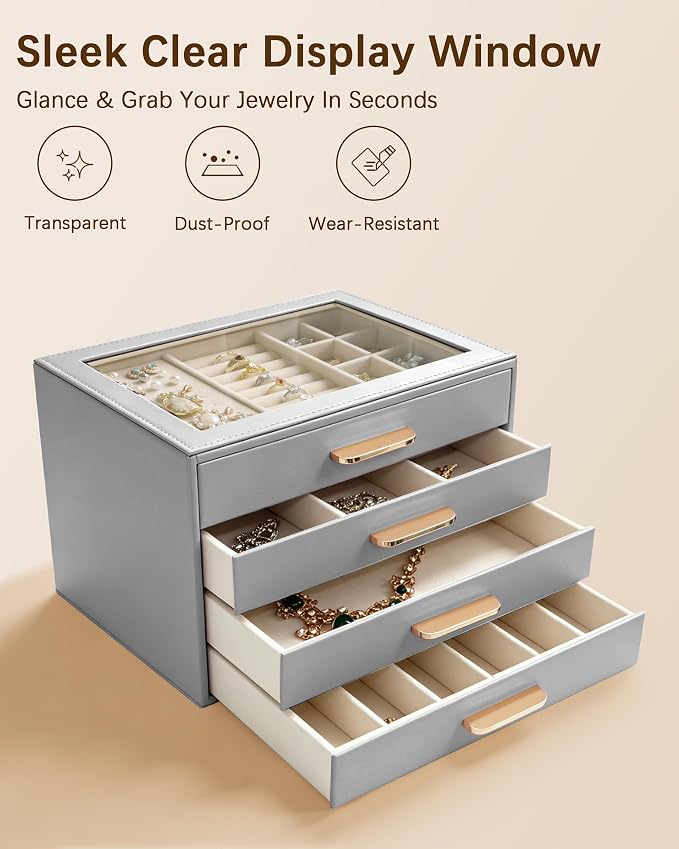Homeanda Jewelry Boxes Organizer with Glass Lid, 4-Layer PU Leather, Grey | Modern style display case with 4 drawers for daily jewelry, women, mom or girl gift
