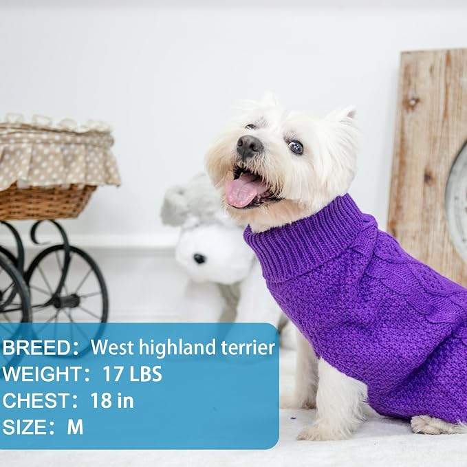 Mihachi Turtleneck Dog Sweater - Winter Coat Apparel Classic Cable Knit Clothes with Leash Hole for Cold Weather, Ideal Gift for Pet in New Year Purple X-Small