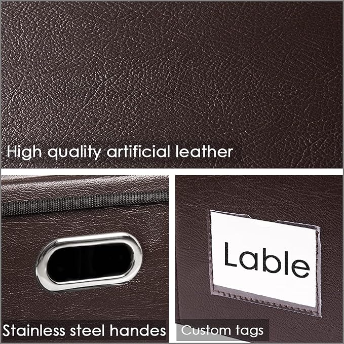 Large Stackable Storage Boxes with Lids [5-Pack] Leather Fabric Foldable Storage Bins Organizer Containers Baskets Cubes with Cover for Bedroom Closet Office Nursery Brown(17.7x11.8x11.8)