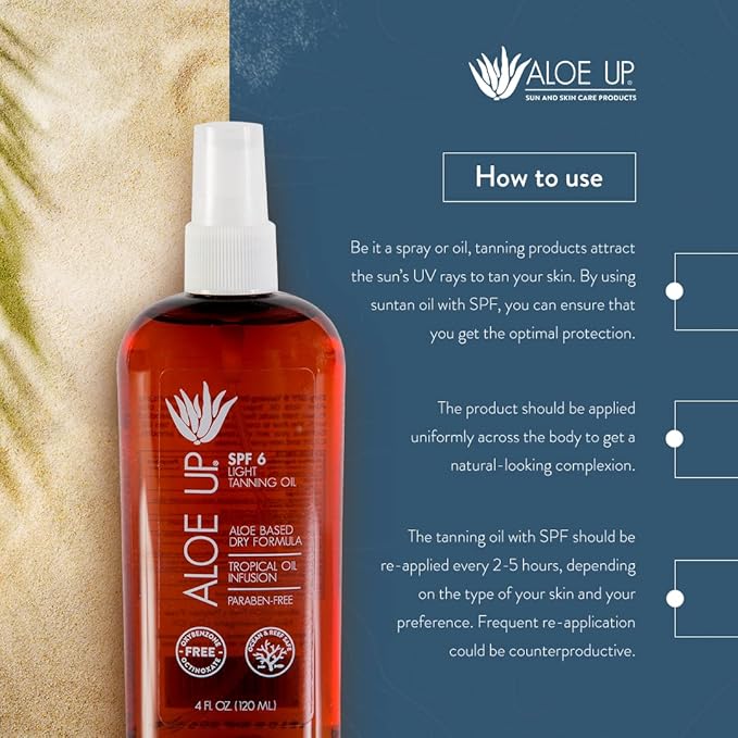 Aloe Up Light Tanning Oil With SPF 6 Sunscreen - Body and Face Tanning for Outdoor Sun - With Pure Aloe Vera Oil and Natural Oils - Absorbs Quickly - Reef Friendly - Fresh Tropical Scent - 4 Oz