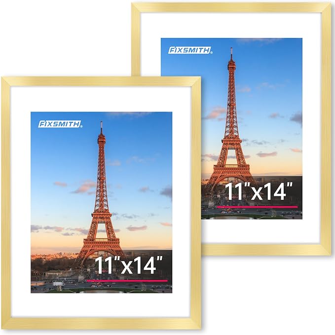 11x14 Picture Frame Set of 2, Photo Frame with HD Plexiglass, Display Pictures 8x10 with Mat or 11x14 Without Mat, Gold Picture Frames Collage Wall Decor, Gallery Wall Frame